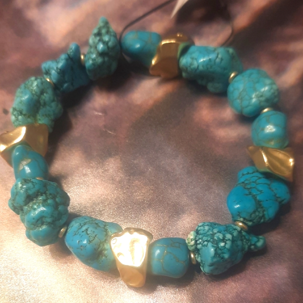 Genuine Turquoise Stone and Gold Beaded Bracelet